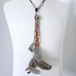 Boho Chic Colorful Beaded Adjustable Bolo Festival Feather Necklace